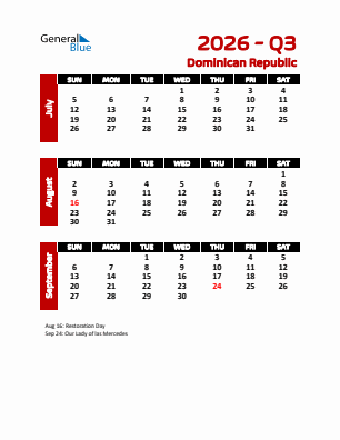 Dominican Republic Quarter 3  2026 calendar template