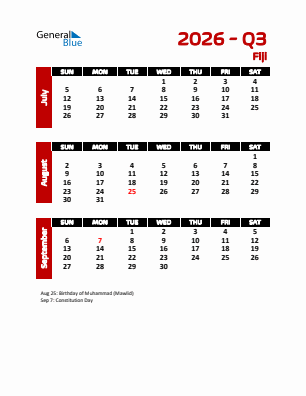Fiji Quarter 3  2026 calendar template