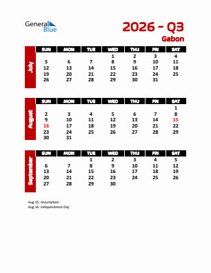 Gabon Quarter 3  2026 calendar template