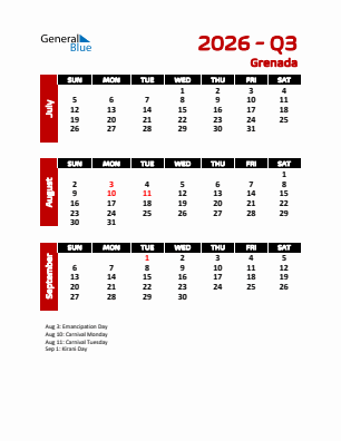 Grenada Quarter 3  2026 calendar template