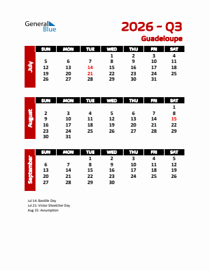 Guadeloupe Quarter 3  2026 calendar template