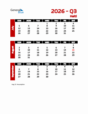 Haiti Quarter 3  2026 calendar template