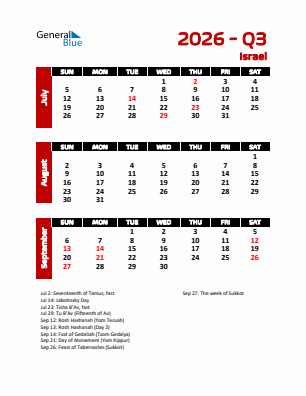 Israel Quarter 3  2026 calendar template