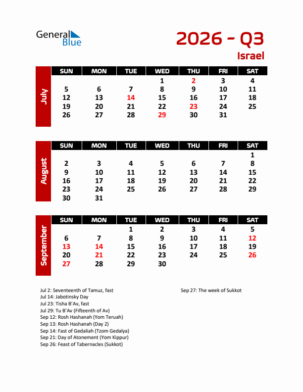 Q3 2026 Calendar with Holidays in Israel
