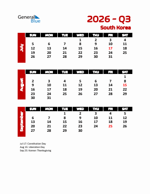 South Korea Quarter 3  2026 calendar template