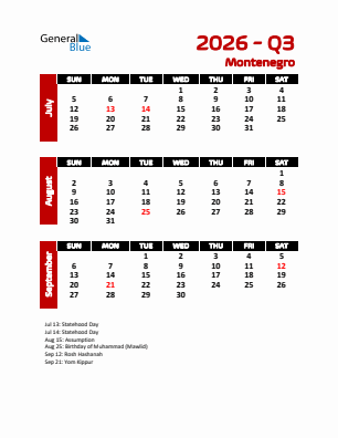 Montenegro Quarter 3  2026 calendar template