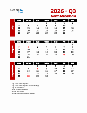 North Macedonia Quarter 3  2026 calendar template