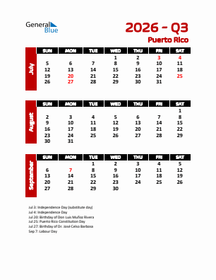 Puerto Rico Quarter 3  2026 calendar template