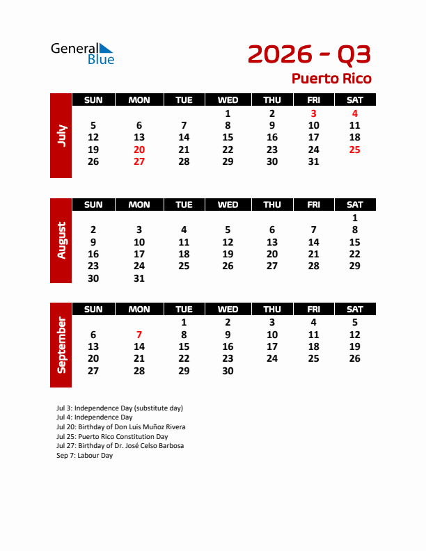 Q3 2026 Calendar with Holidays in Puerto Rico