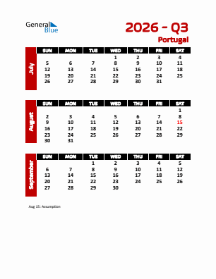 Portugal Quarter 3  2026 calendar template