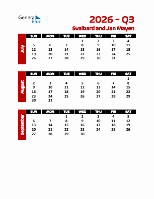 Svalbard and Jan Mayen Quarter 3  2026 calendar template