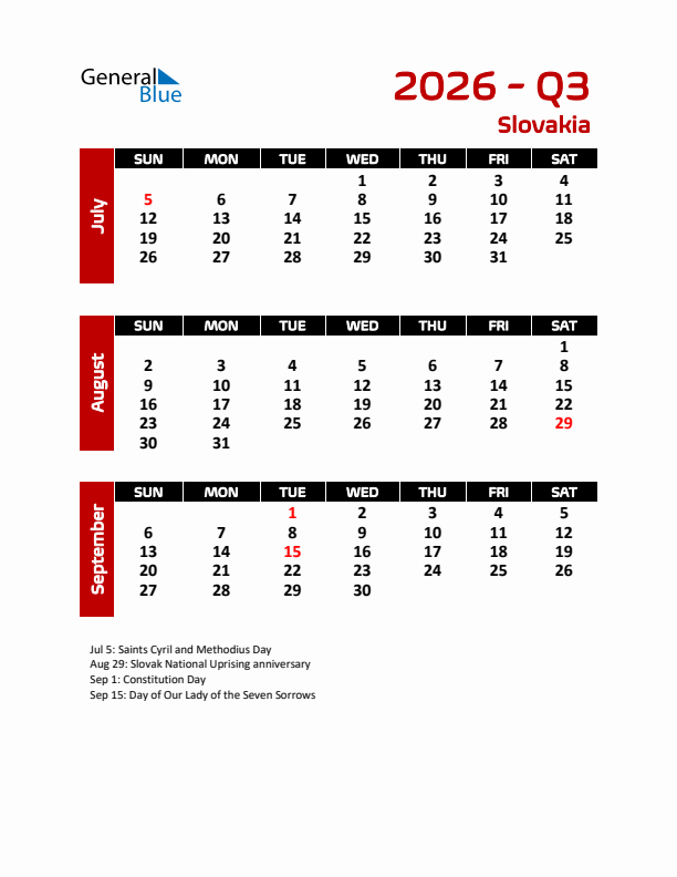 Q3 2026 Calendar with Holidays in Slovakia