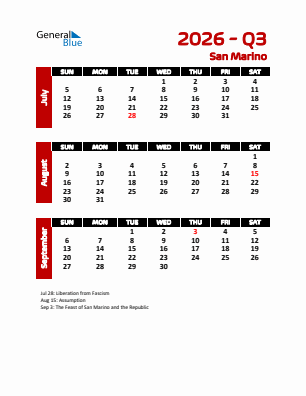 San Marino Quarter 3  2026 calendar template
