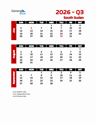 South Sudan Quarter 3  2026 calendar template