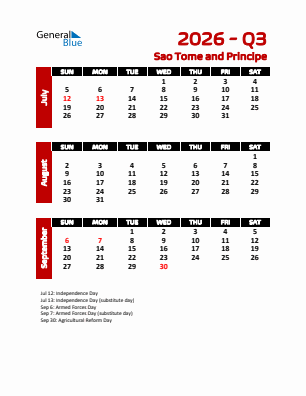 Sao Tome and Principe Quarter 3  2026 calendar template