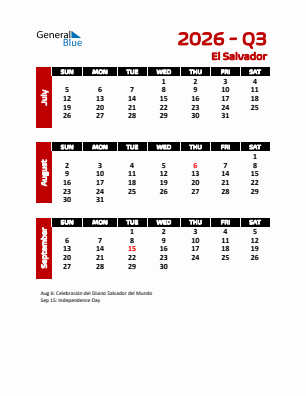 El Salvador Quarter 3  2026 calendar template