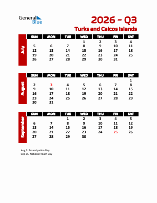 Turks and Caicos Islands Quarter 3  2026 calendar template