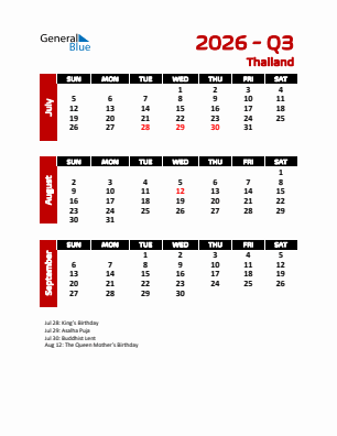 Thailand Quarter 3  2026 calendar template
