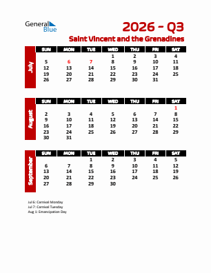 Saint Vincent and the Grenadines Quarter 3  2026 calendar template