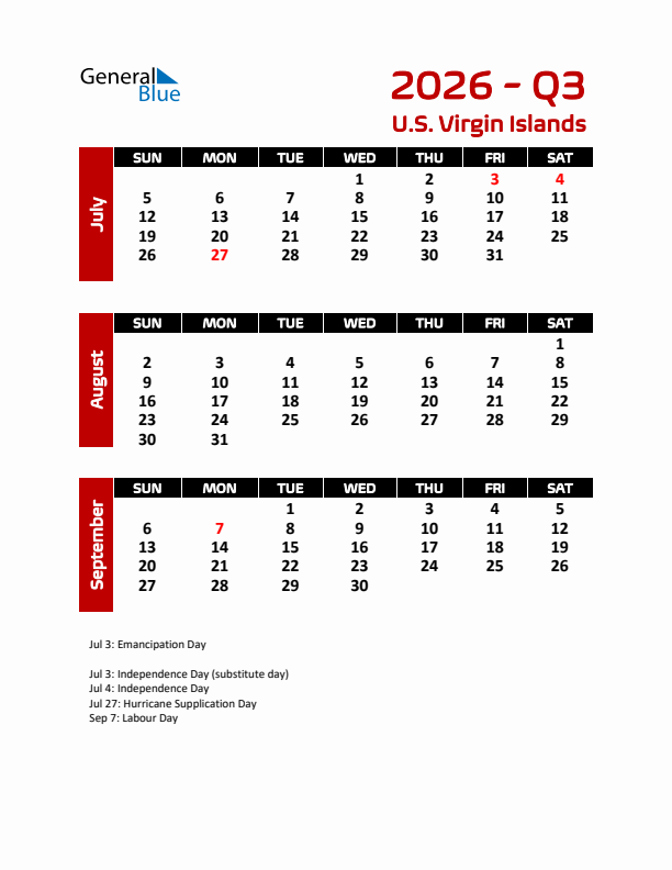 Q3 2026 Calendar with Holidays in U.S. Virgin Islands