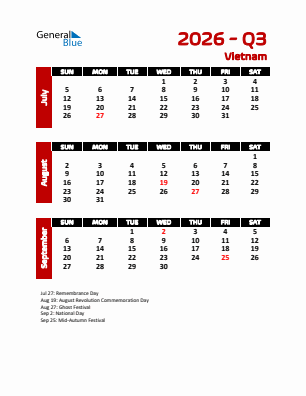 Vietnam Quarter 3  2026 calendar template