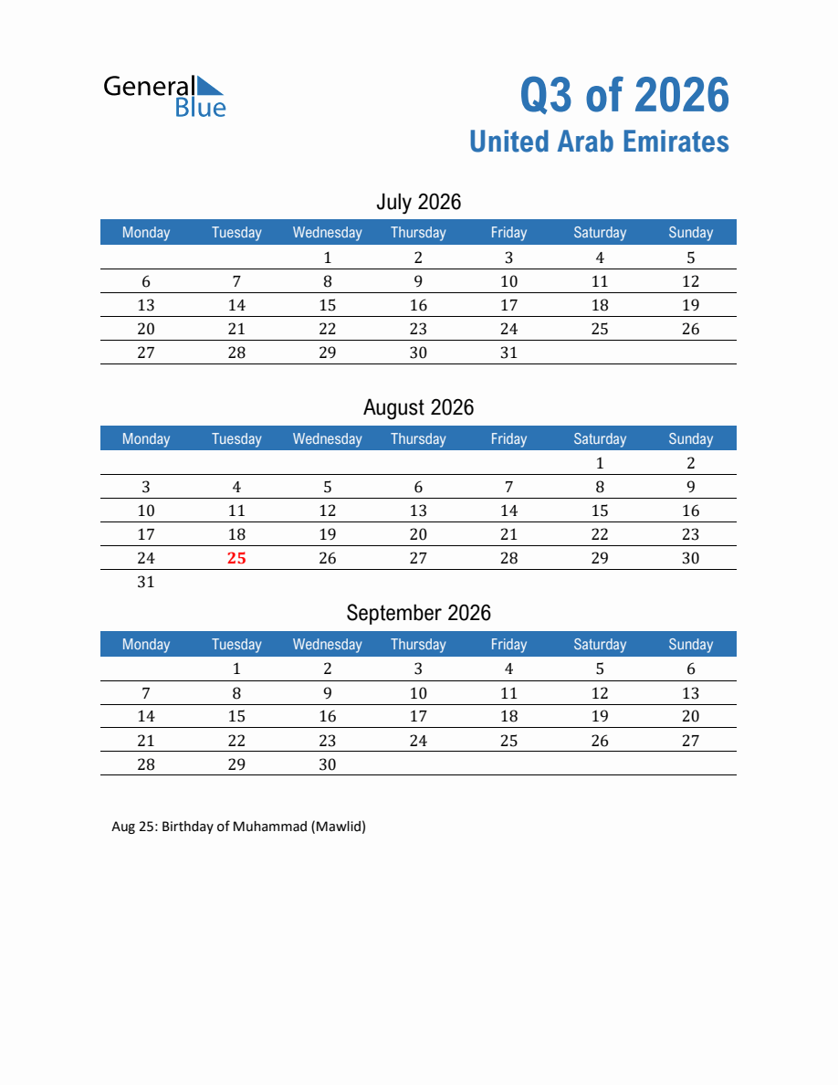 United Arab Emirates Quarterly Calendar (Quarter 3 of 2026) - Monday Start