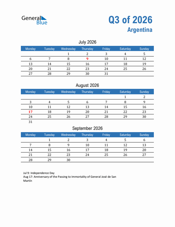 Argentina Q3 2026 Quarterly Calendar with Monday Start