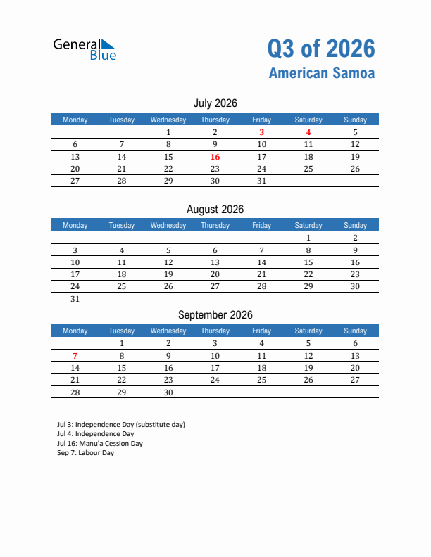 American Samoa Q3 2026 Quarterly Calendar with Monday Start