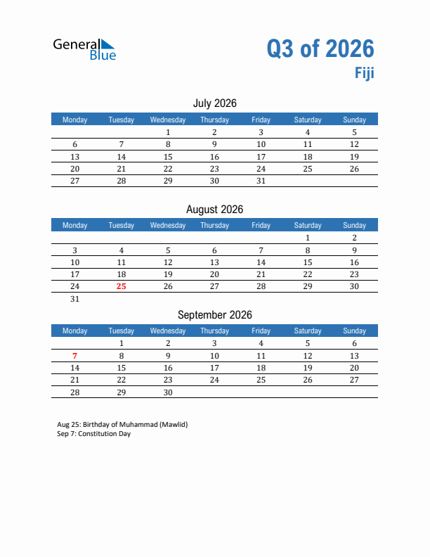 Fiji Q3 2026 Quarterly Calendar with Monday Start