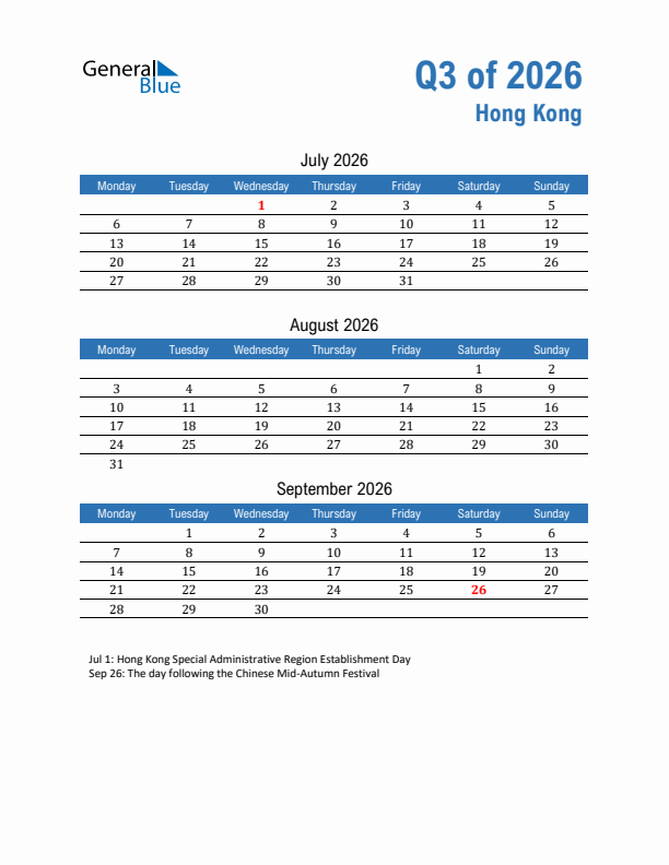 Hong Kong Q3 2026 Quarterly Calendar with Monday Start