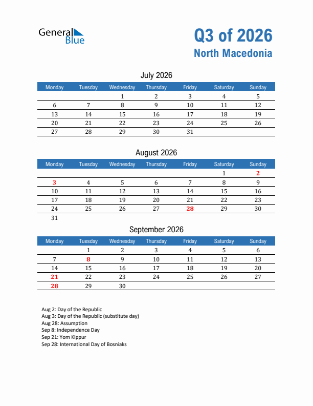 North Macedonia Q3 2026 Quarterly Calendar with Monday Start