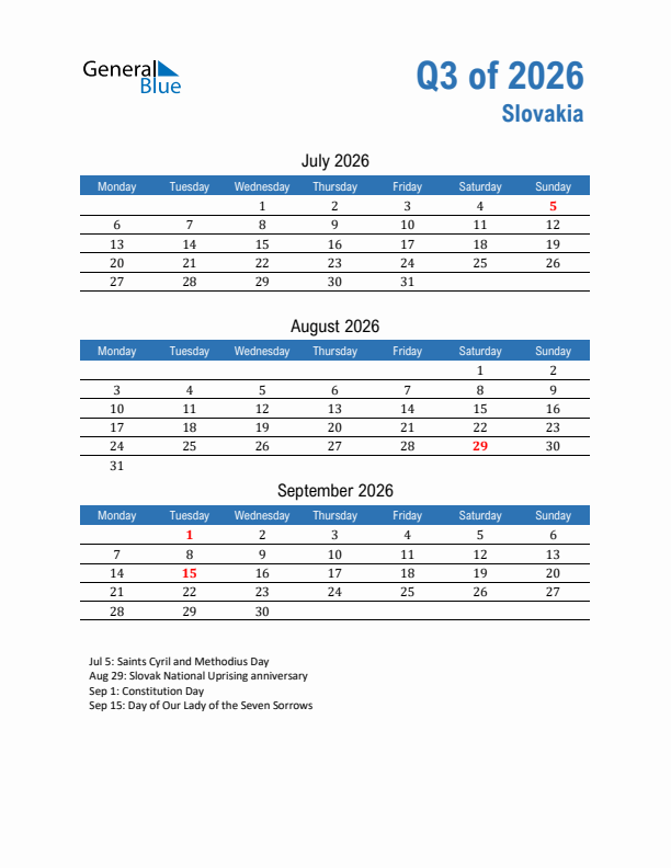 Slovakia Q3 2026 Quarterly Calendar with Monday Start