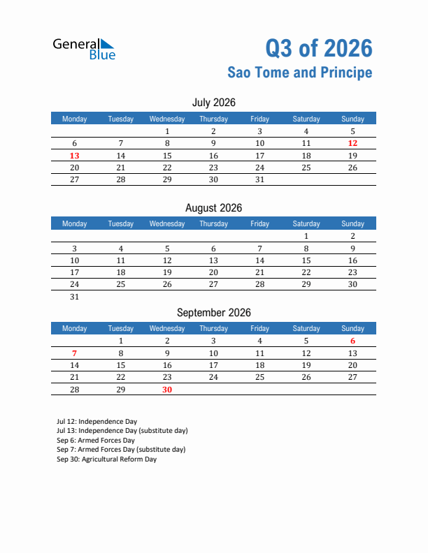 Sao Tome and Principe Q3 2026 Quarterly Calendar with Monday Start