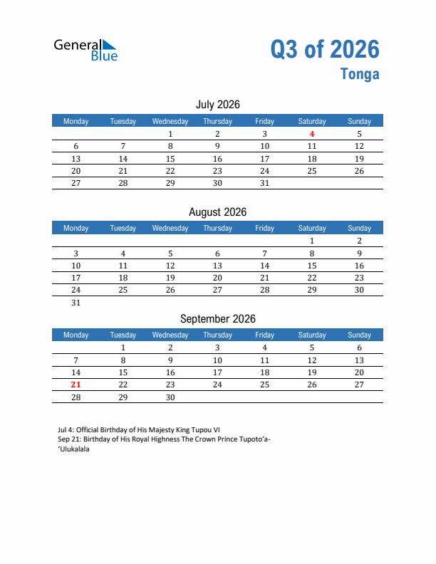 Tonga Q3 2026 Quarterly Calendar with Monday Start