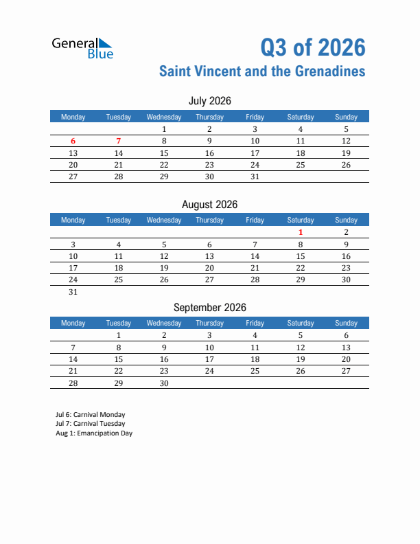 Saint Vincent and the Grenadines Q3 2026 Quarterly Calendar with Monday Start