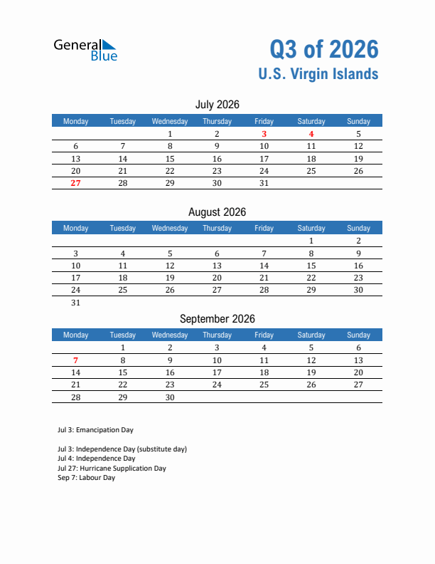 U.S. Virgin Islands Q3 2026 Quarterly Calendar with Monday Start