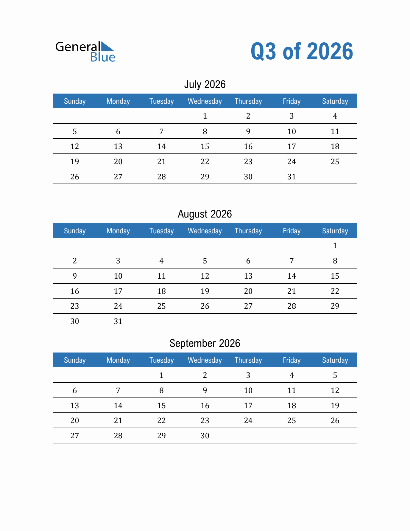 Q3 2026 Quarterly Calendar in PDF, Word, Excel Q3 2026 Quarterly Calendar in PDF, Word, Excel
