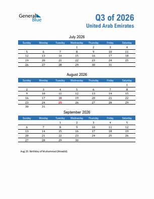 United Arab Emirates Quarter 3  2026 calendar template