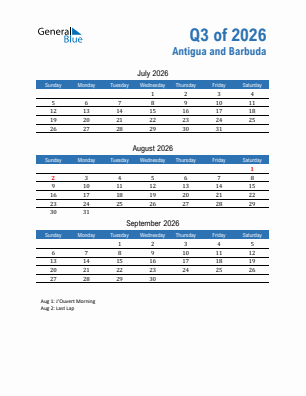 Antigua and Barbuda Quarter 3  2026 calendar template
