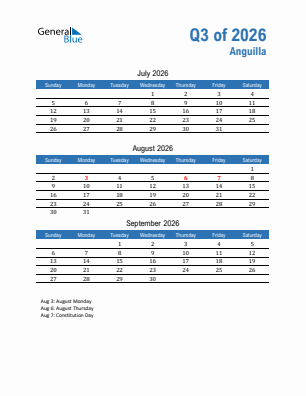 Anguilla Quarter 3  2026 calendar template