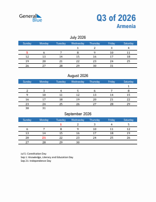 Armenia Quarter 3  2026 calendar template