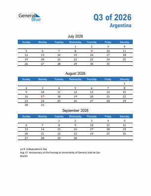 Argentina Quarter 3  2026 calendar template