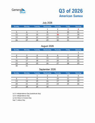 American Samoa Quarter 3  2026 calendar template