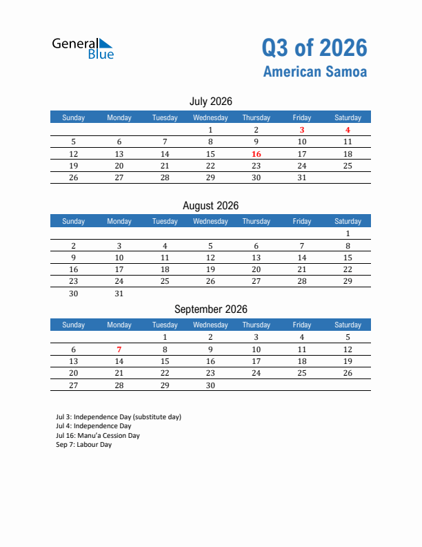 American Samoa Q3 2026 Quarterly Calendar with Sunday Start