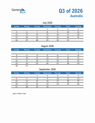 Australia Quarter 3  2026 calendar template
