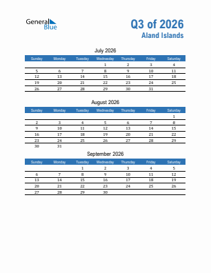 Aland Islands Quarter 3  2026 calendar template