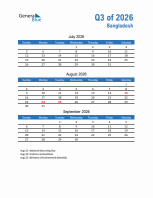 Bangladesh Quarter 3  2026 calendar template