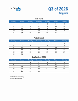 Belgium Quarter 3  2026 calendar template