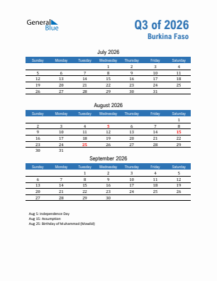 Burkina Faso Quarter 3  2026 calendar template