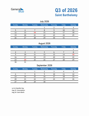 Saint Barthelemy Quarter 3  2026 calendar template